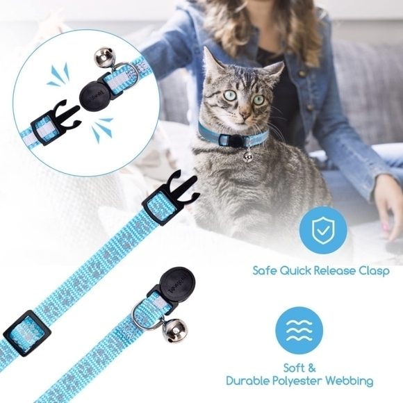 Reflective Adjustable Breakaway Cat Collar Nylon Strip Sky Blue - Picture 8 of 9